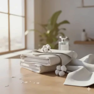 A stack of folded white cotton towels with a soft sunlight glow, illustrating a laundry-inspired clean scent perfume.