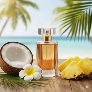 Close-up of a sweet fruity perfume bottle next to a halved coconut and juicy pineapple slices.
