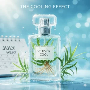 A conceptual illustration of frosty glass and green leaves symbolizing the cooling sensation of vetiver cologne in July heat.