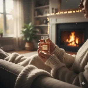 A person wrapped in a cashmere sweater holding a bottle of gourmand dessert perfume in a warm, lit room.