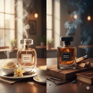A visual comparison of gourmand creamy vanilla and dark, smoky sexy vanilla perfume profiles.
