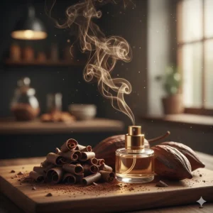 Artistic rendering of dark chocolate shavings and cocoa powder used in rich, decadent gourmand dessert perfumes.