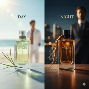 A split-screen visual comparing a light vetiver scent for daytime wear and a woody vetiver for summer evenings.