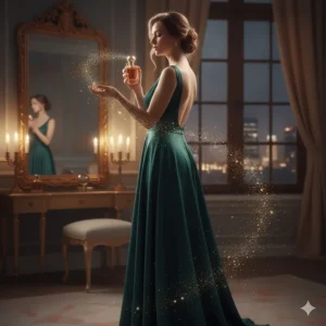 An illustration of a woman in an evening gown applying amber perfume for a sophisticated night out.