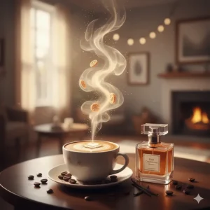 A stylized drawing of a creamy latte and coffee beans, showcasing the energizing side of gourmand dessert perfume blends.