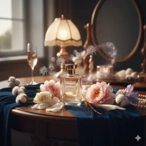 A sophisticated evening setting featuring a bold tuberose and powdery floral perfume for special events.