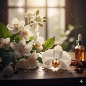 Close-up illustration of jasmine and orchid blooms used in exotic oriental perfumes for women.