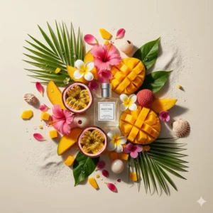 Artistic presentation of exotic fruity fragrance notes featuring passion fruit, pineapple, and tropical white flowers.