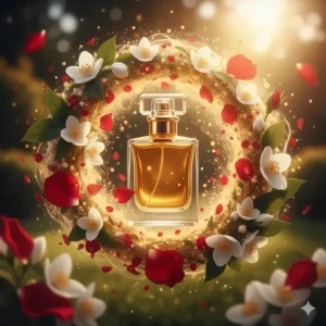 Artistic rendering of jasmine and rose petals swirling around a golden amber perfume bottle.