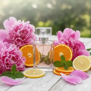 A delicate perfume bottle nestled among peonies and citrus slices for a floral-sweet fruity scent profile.