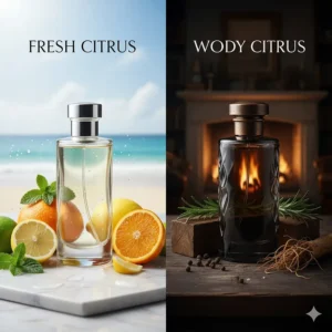 Comparison illustration showing the difference between bright citrus scents and deep woody citrus blends for men.