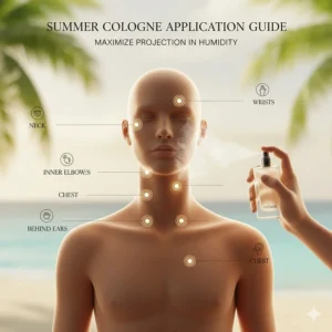 Illustration showing pulse points for applying vetiver cologne to maximize projection in humid weather.