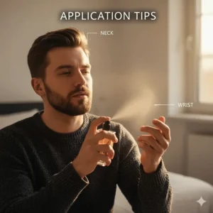 Illustration of a man applying oud fragrance to pulse points for a long-lasting scent.