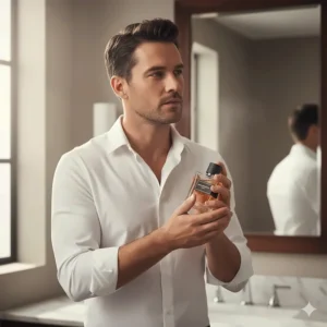A man applying sandalwood cologne to his pulse points on the neck and wrists.