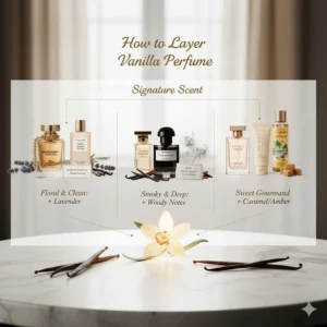 Infographic showing how to layer vanilla perfume with floral or woody scents to create a custom signature fragrance.