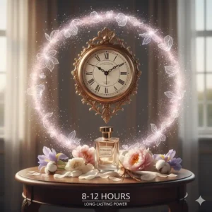 A graphic illustrating the 12-hour staying power of a statement floral perfume with a powdery finish.