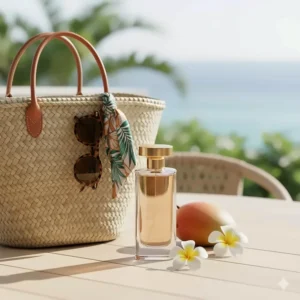 Elegant island-inspired perfume for women styled with tropical palm leaves and fresh cut exotic fruits.