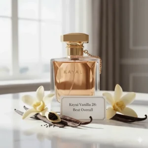 Kayali Vanilla 28 perfume bottle, rated as the best overall vanilla perfume for women for its warm amber and brown sugar notes.