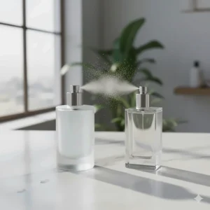 Two different perfume bottles being sprayed together to demonstrate how to layer clean scent perfumes for a custom aroma.