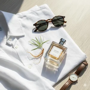 A flat-lay illustration featuring a crisp white linen shirt, sunglasses, and a bottle of vetiver cologne for a summer aesthetic.