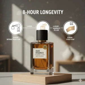 A graphic representation of the 8-hour longevity of high-quality affordable oud perfumes.