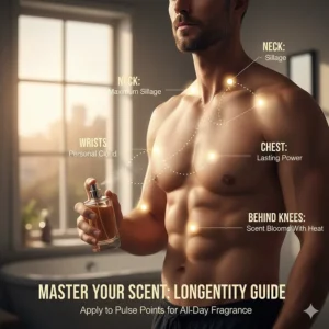 Diagram illustrating how to apply citrus cologne on men's pulse points for maximum scent longevity.