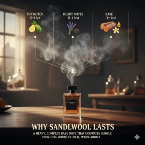 An infographic explaining why sandalwood is a popular base note for long-lasting men's fragrances.