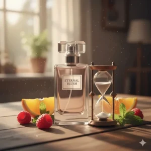 A bottle of long-lasting sweet fruity perfume displayed with an hourglass to represent scent longevity.
