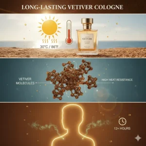 An infographic illustrating how vetiver oil molecules withstand high summer temperatures for better longevity.