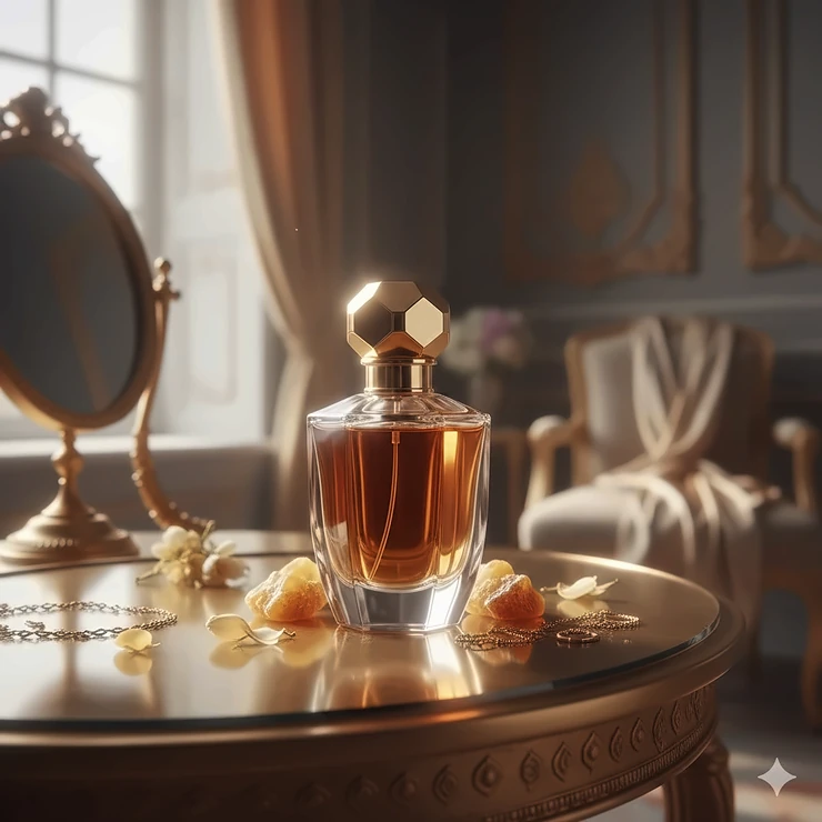 A luxurious bottle of amber perfume for women sitting on a gold vanity with warm, glowing ambient lighting.