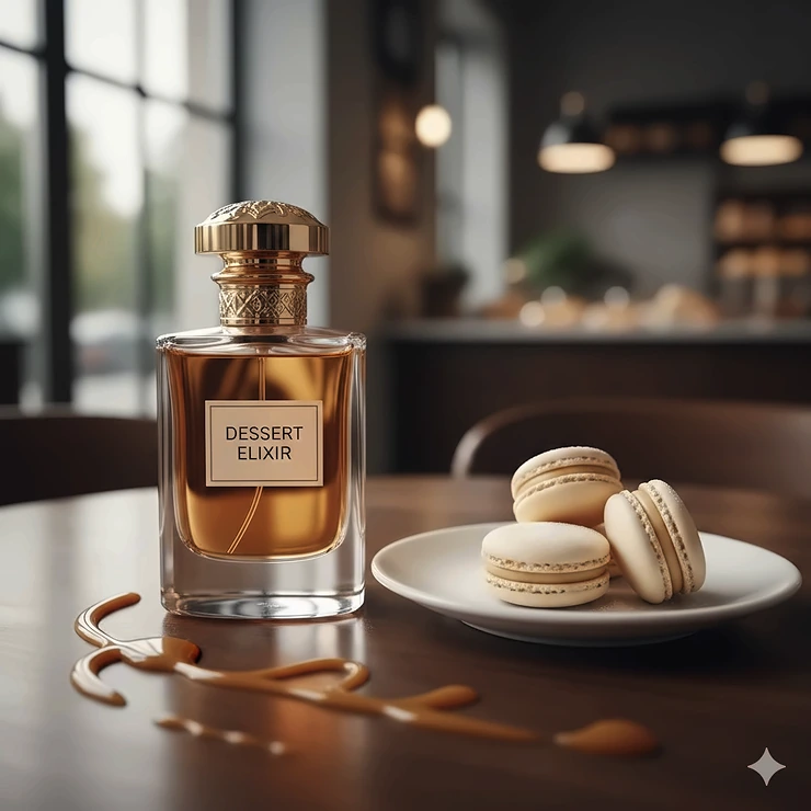 A luxury gourmand dessert perfume bottle placed next to a plate of fresh vanilla macarons and drizzled caramel.