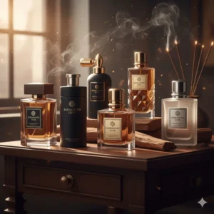 An array of designer sandalwood cologne bottles for men highlighting different luxury packaging styles.