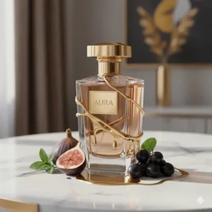 High-end luxury sweet fruity perfume bottle on a marble surface with gold accents.