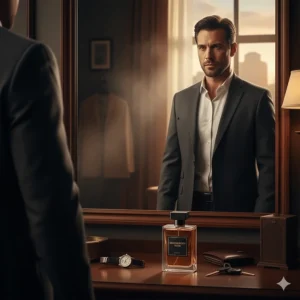 A sophisticated man in a suit preparing for an evening out with a signature sandalwood scent.