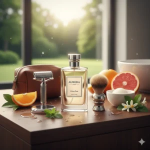 Illustration of a men's grooming station featuring a refreshing citrus cologne as part of a daily routine.