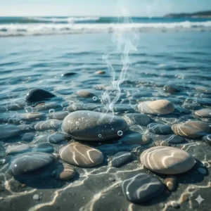 Abstract illustration of smooth sea stones and blue water representing mineral aquatic perfume notes.