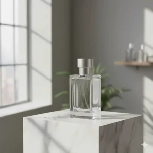 A sleek, transparent perfume bottle on a neutral background highlighting the minimalist aesthetic of clean scents.