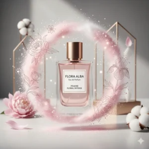 A creative flat lay showing a modern, high-projection floral fragrance bottle with abstract powdery elements.