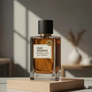 Minimalist and modern bottle design for a budget-friendly men's oud fragrance.