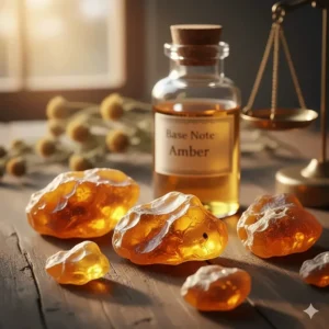 Golden pieces of natural amber resin used as a base note in amber perfume for women.