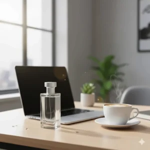 A perfume bottle next to a laptop and a morning coffee, suggesting a subtle clean scent perfume for office wear.