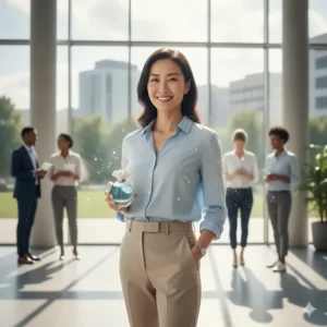 A professional woman in a bright office setting, illustrating the subtle sillage of aquatic scents.