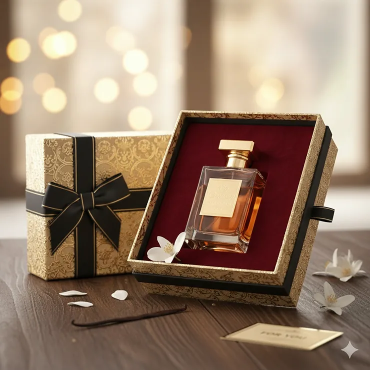 Elegant gold-trimmed packaging for a sensual oriental perfume, perfect for luxury gifting. sensual oriental perfume women