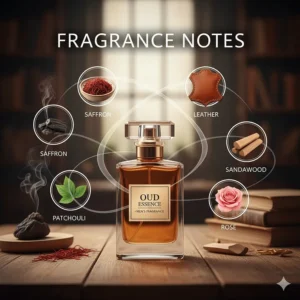 An infographic showing common scent notes in men's oud perfume like saffron, leather, and sandalwood.