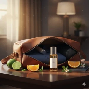 Illustration of a travel-size atomizer of men's citrus cologne tucked into a leather weekend bag.