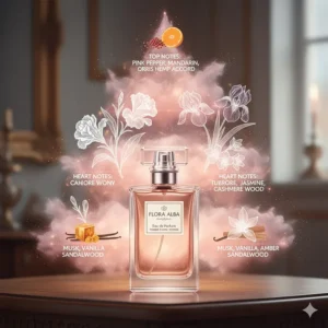 A scent pyramid diagram showing top, middle, and base notes of an intense, long-lasting powdery floral fragrance.