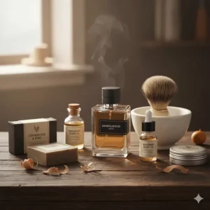 A collection of sandalwood cologne, cedarwood soap, and bergamot oils for scent layering.