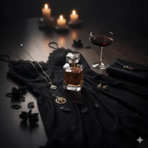 A dark, moody flat lay featuring a perfume bottle, gold jewelry, and a black lace dress representing a sensual evening mood.