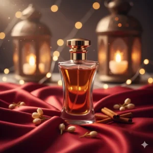 A luxury glass bottle of sensual oriental perfume for women set against a backdrop of warm amber lights and silk fabric.