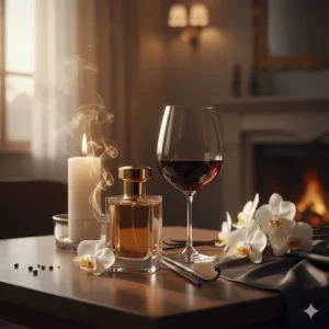 A bottle of vanilla perfume next to a glass of wine and a candle, evoking a romantic date night mood.